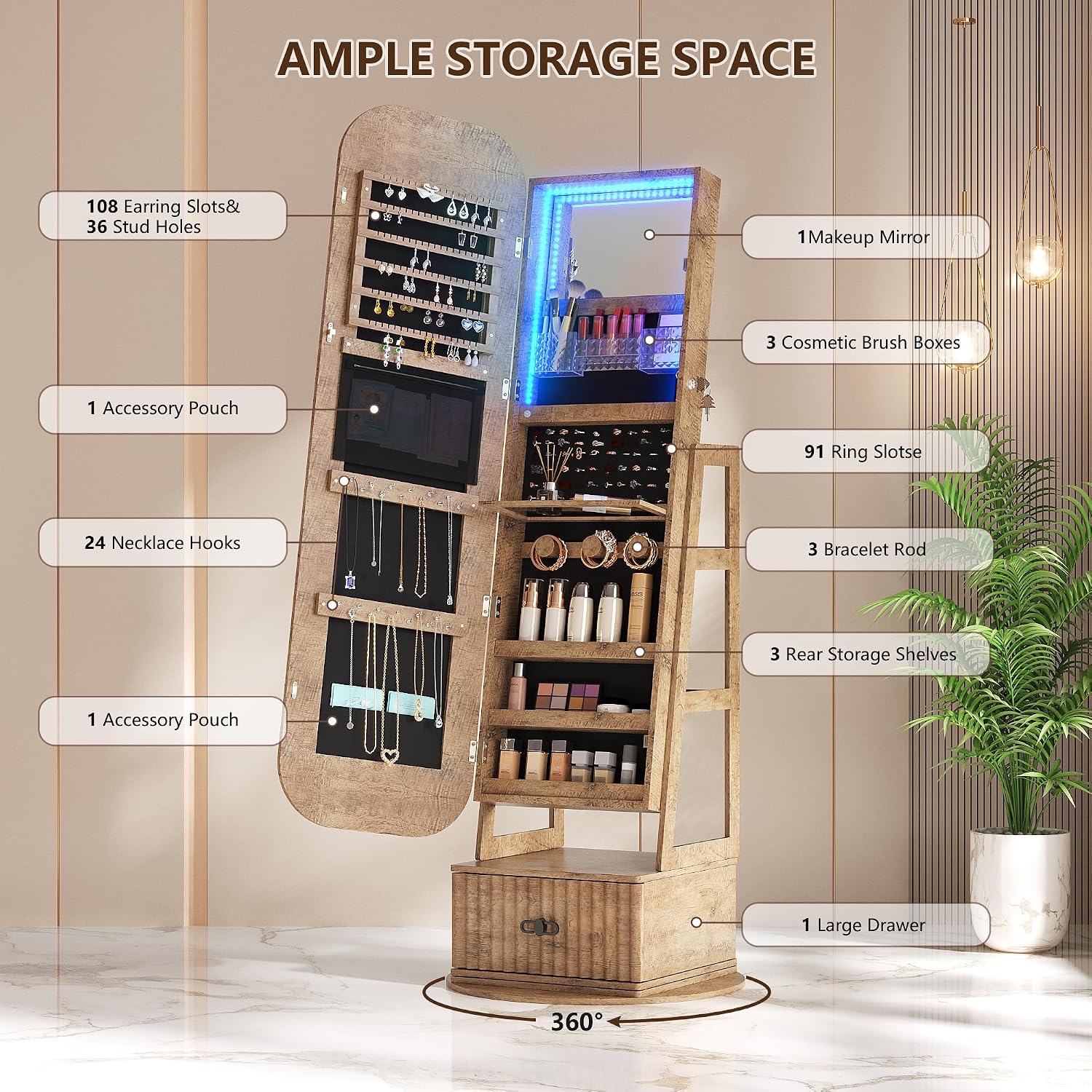 Вращающиеся на 360° органайзер – обзор и цена Full Length Mirror Jewelry Armoire