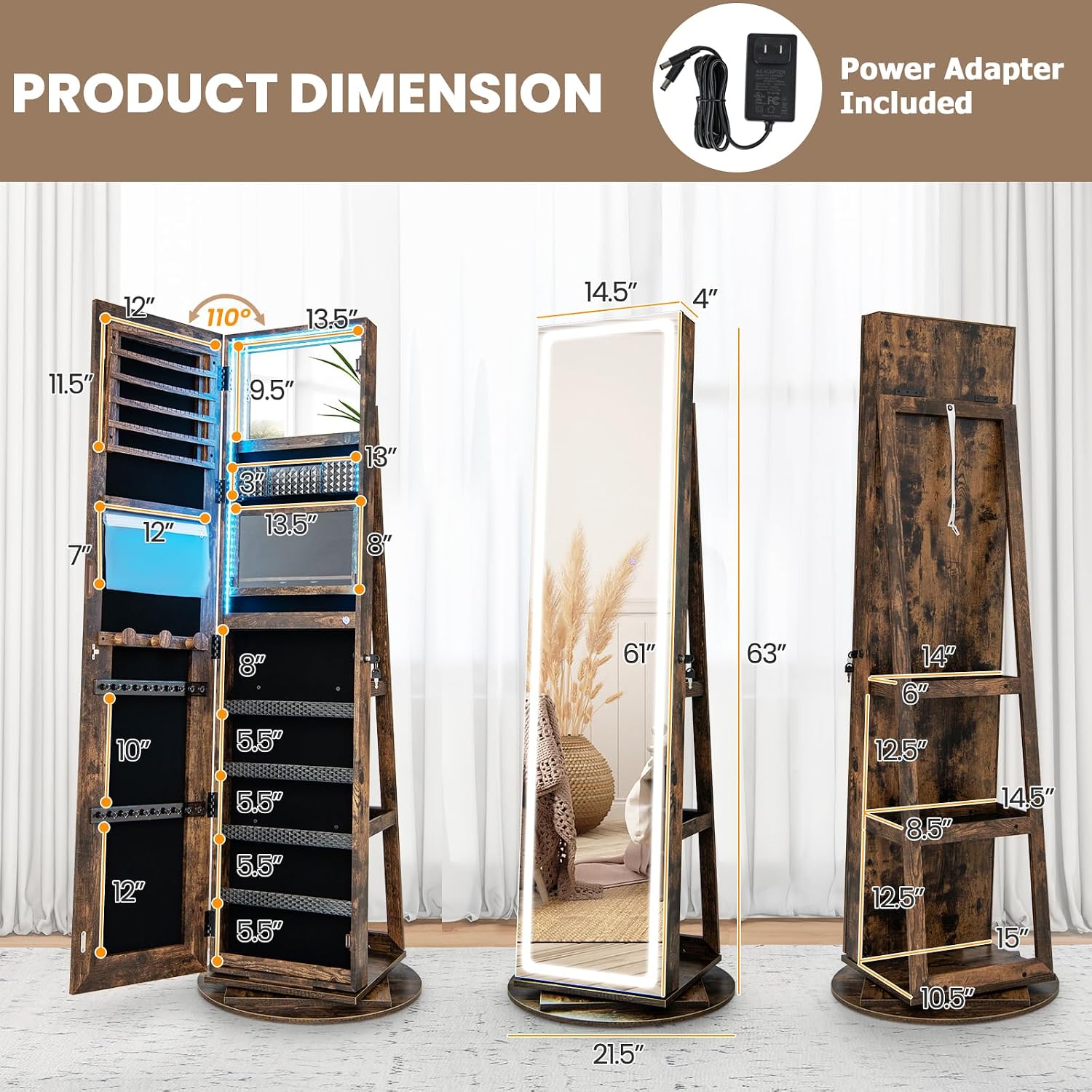 Вращающееся зеркало с LED-подс – обзор и цена Full Length Mirror Jewelry Armoire
